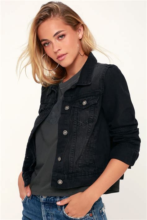 women's black denim jacket outfit|More.